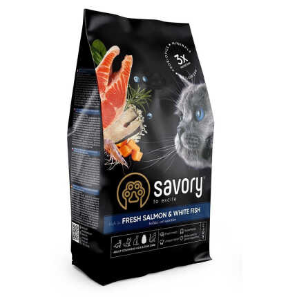 Корм сухий Savory Adult Cat Gourmand Fresh Salmon and White Fish для дорослих котів зі свіжим лососем і білою рибою...