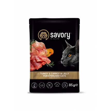Корм вологий Savory Sterilised Cat Pouch Turkey and Carrot in Jelly для стерилізованих котів з індичкою та морквою у...