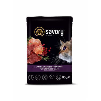Корм вологий Savory Sterilised Cat Pouch Lamb and Cranberry in Gravy для стерилізованих котів з ягням та журавлиною...