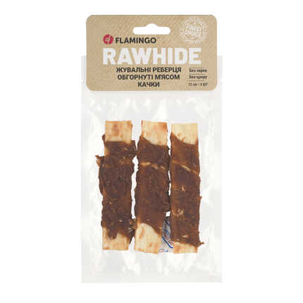 Flamingo ЖУВАЛЬНІ РЕБЕРЦЯ ДЛЯ СОБАК ОБГОРНУТІ М'ЯСОМ КАЧКИ 12CM 3ST 90GR